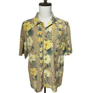 Caribbean Joe Shirt Mens XL Tan Silk Hawaiian Wooden Buttons Loop Collar Beachy
